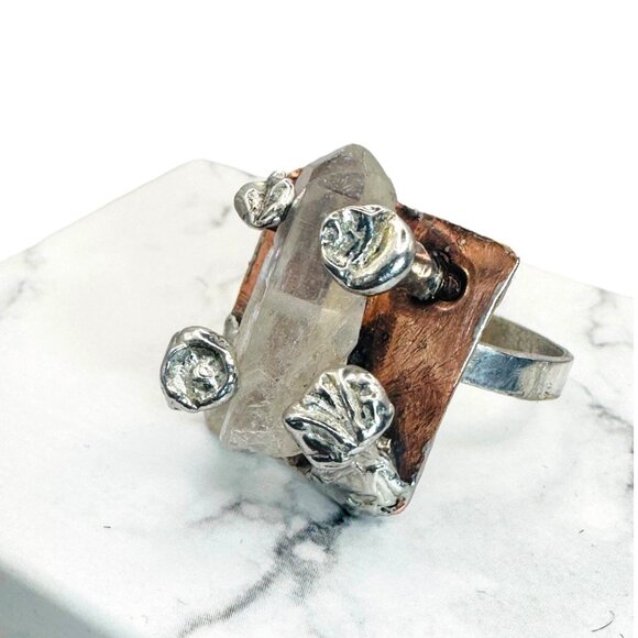 Raw Crystal Statement Ring Upcycled From Copper Baking Dish & Silver Spoon 7.75 - Picture 7 of 14